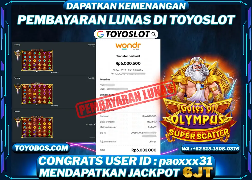 TOYOSLOT - BUKTI KEMENANGAN Gates of Olympus Super Scatter Rp6,030,000,- LUNAS